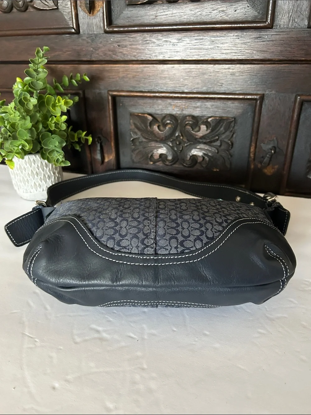Beautiful Navy Signature Canvas Hobo with Leather Trim